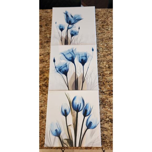 Set of 3 Blue Flower Canvas‎ Prints - Picture 1 of 7